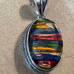 Multicolor Striped Ammolite Pendant Necklace - 925 Plated/Stamped